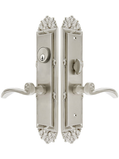 Regency F20 Function Mortise Lock Entryset in Satin Nickel with Left Hand Elan Levers, and Stop/Release Buttons.